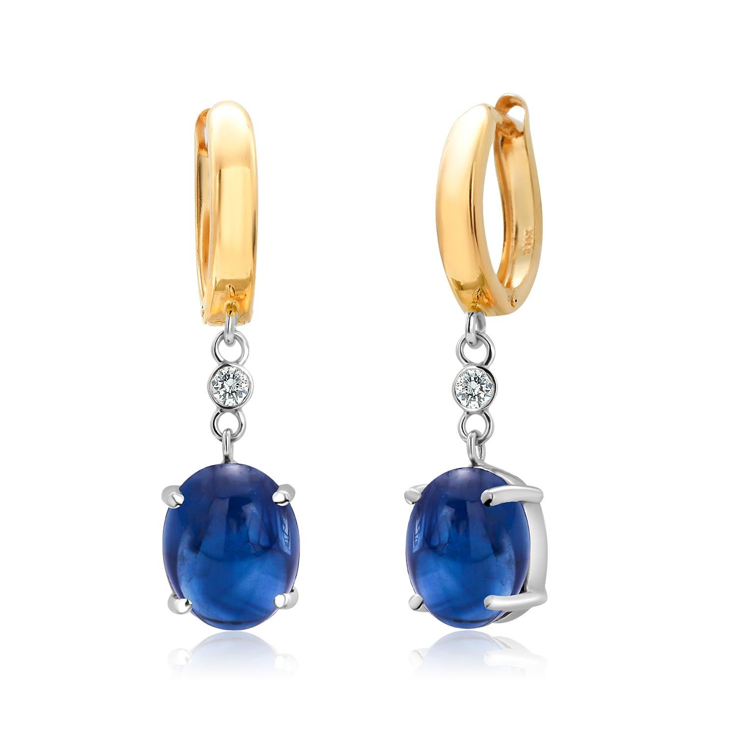 Women's or Men's Cabochon Sapphire Diamond Yellow and White Gold Huggie Lever Back Hoop Earrings