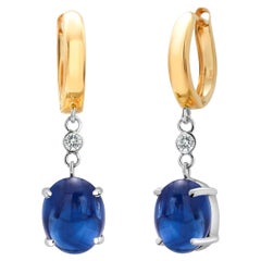 Cabochon Sapphire Diamond Yellow and White Gold Huggie Lever Back Hoop Earrings