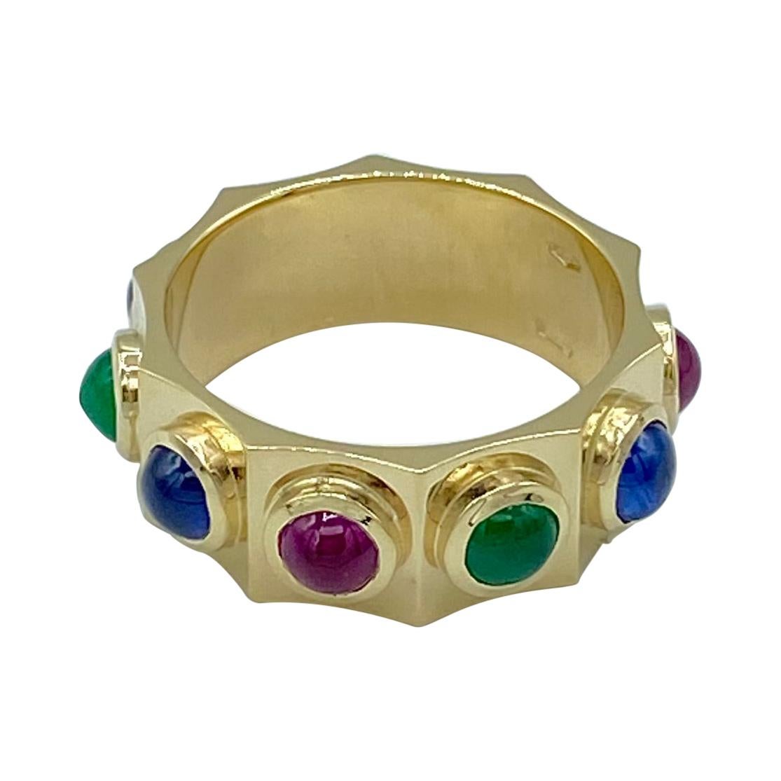 18KT Gold Band Ring Cabochon Sapphire Emerald Ruby Made in Italy