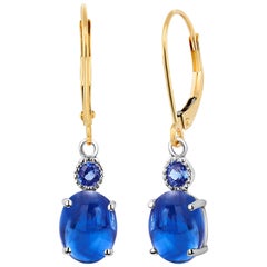 Two Oval Shaped Cabochon Sapphire Gold Hoop Earrings Weighing 4.50 Carat
