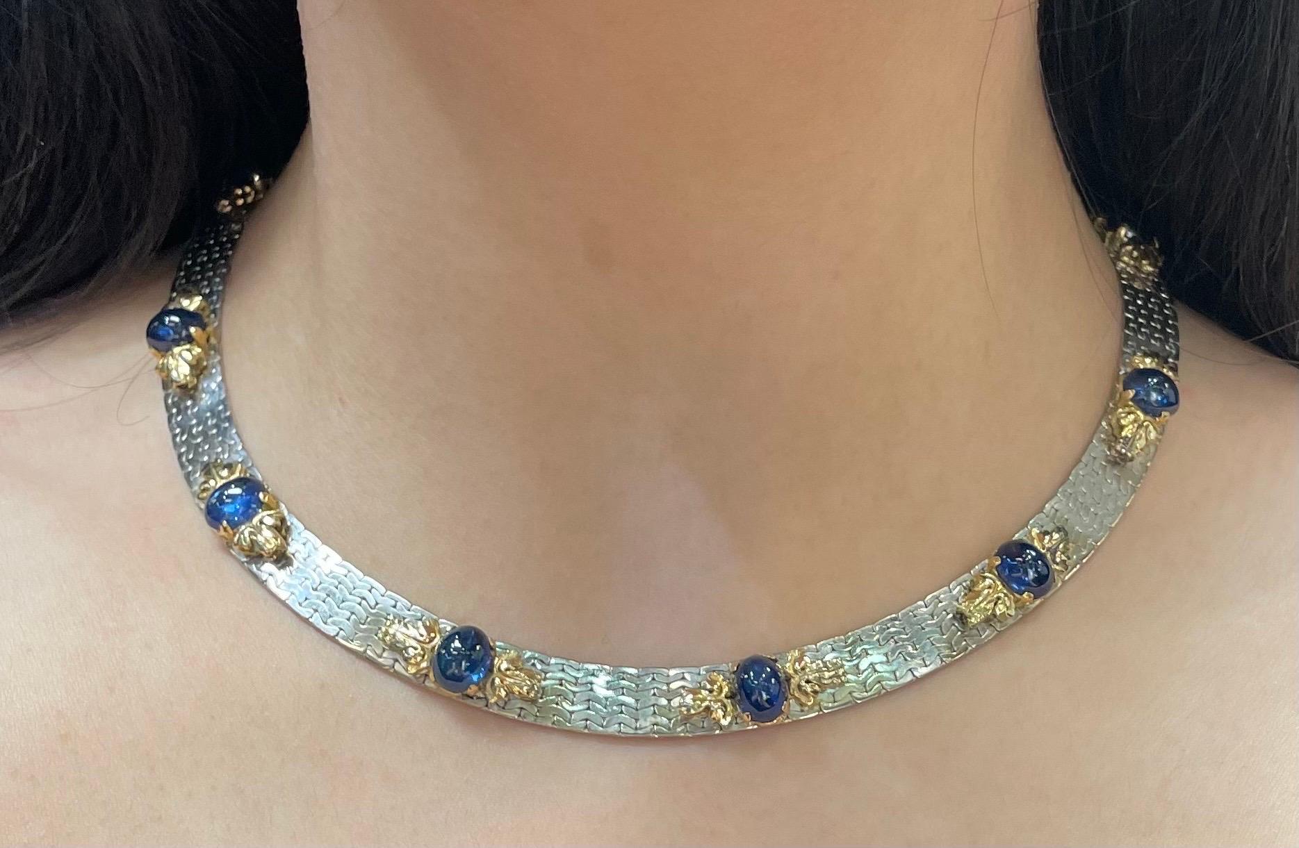 Cabochon Sapphire Necklace

A white and yellow gold necklace set with eight cabochon sapphires. 

Approximate Sapphire weight: 23.12 carats
Approximate Length: 15