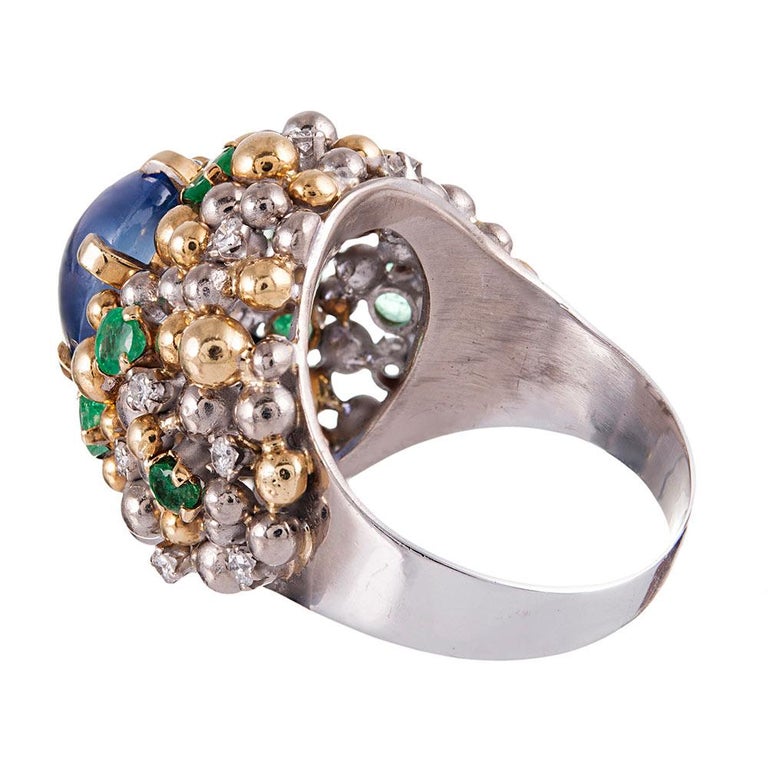 Mixed Cut Cabochon Sapphire Ring with Diamond & Emerald Accents For Sale