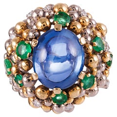 Cabochon Sapphire Ring with Diamond & Emerald Accents
