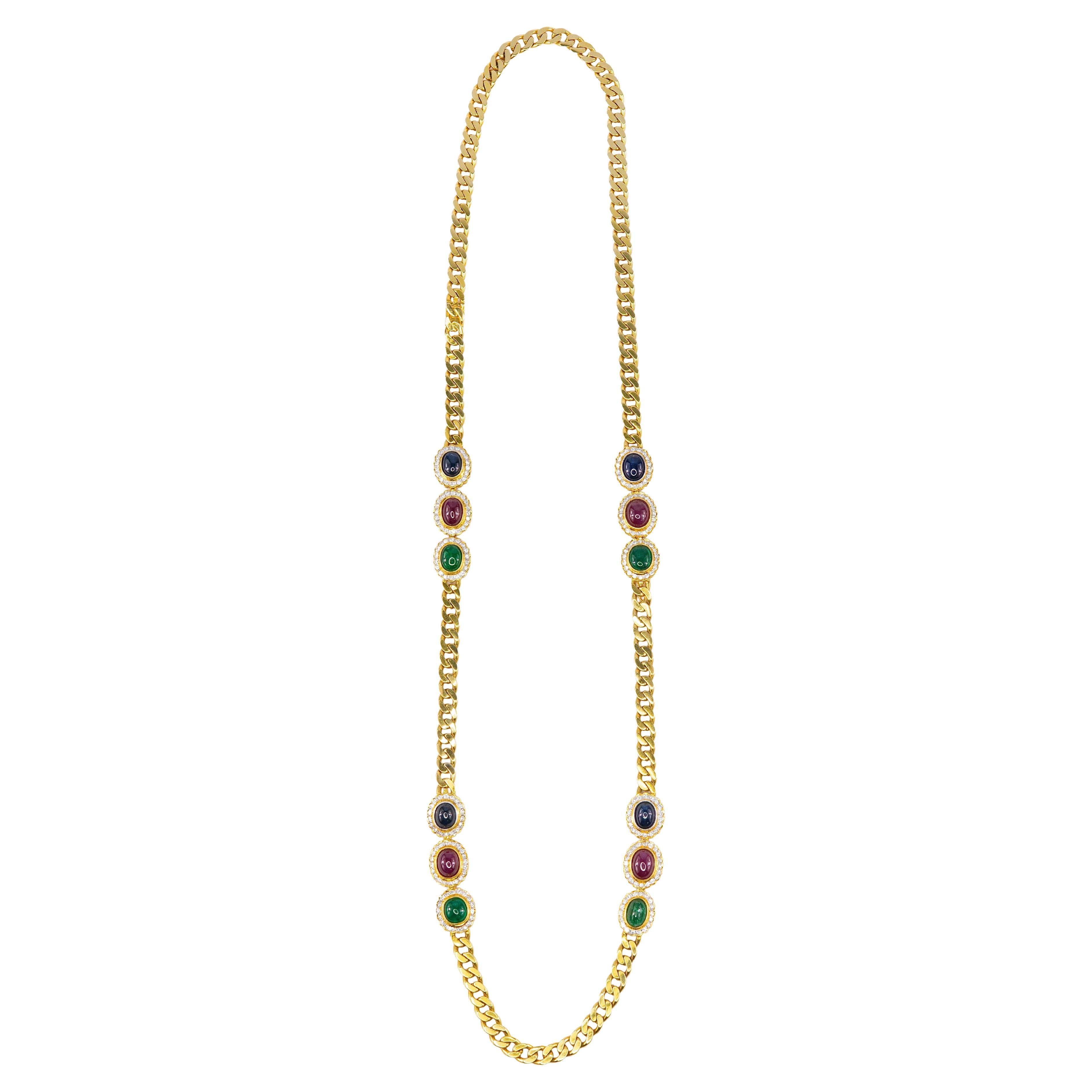 Cabochon Sapphire, Ruby, and Emerald Diamond Convertible Curb Chain Necklace