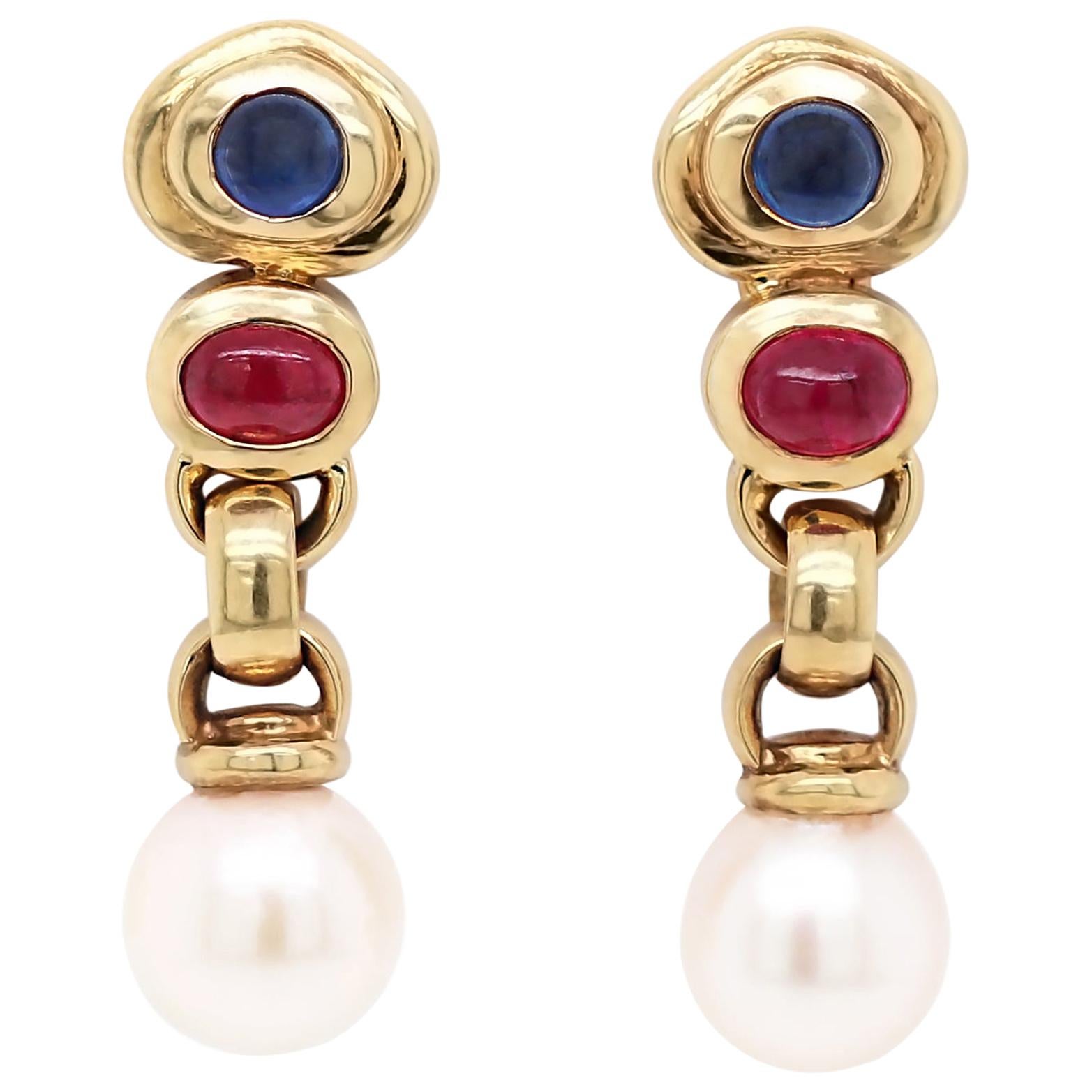 Ruby and Sapphire Earrings with Pearl For Sale at 1stDibs