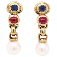 Cabochon Sapphire, Ruby and Pearl 18 Carat Yellow Gold Drop Earrings