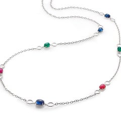 Seven Cabochon Sapphire Ruby Emerald Sautoir 40 Inch White Gold Necklace