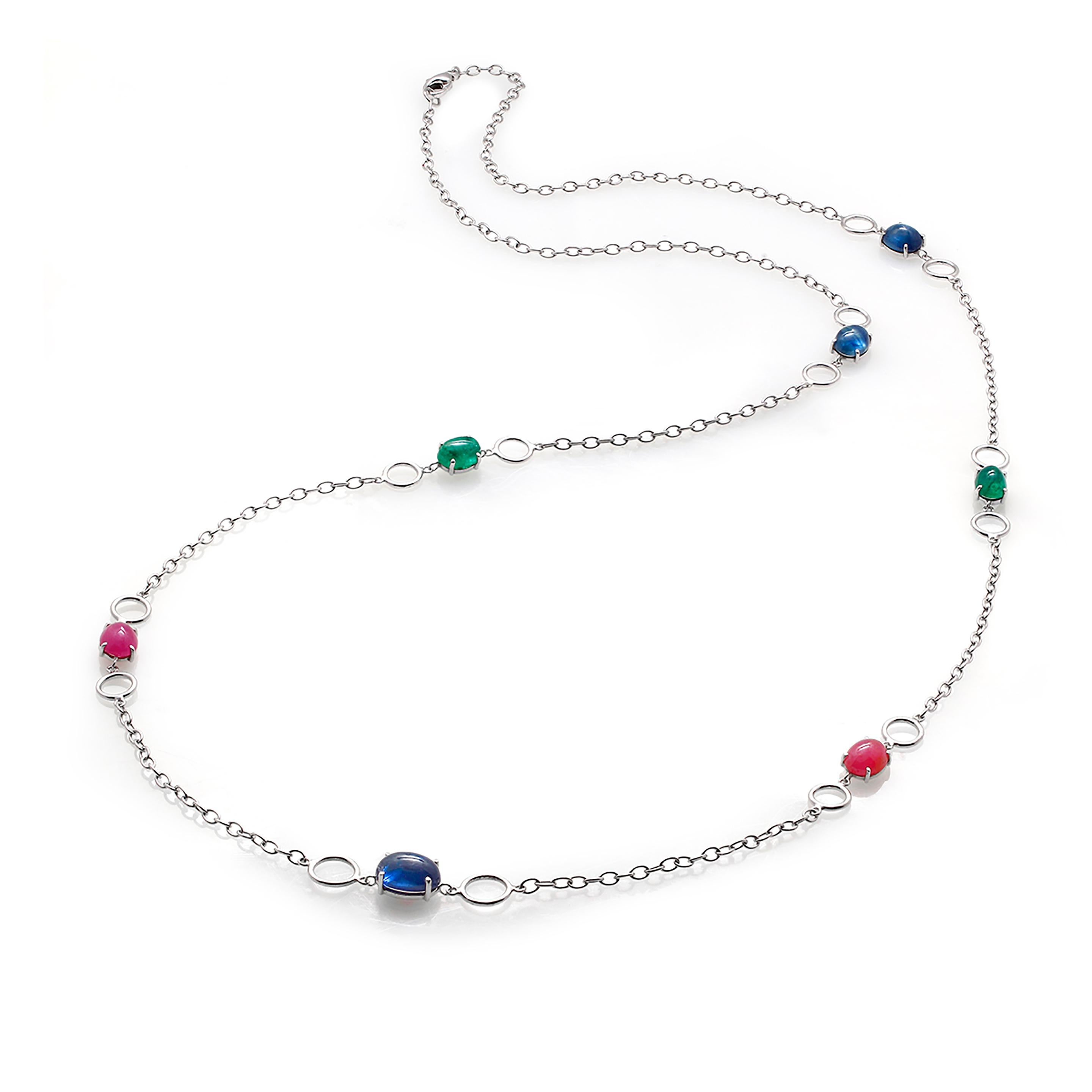 Oval Cut Seven Cabochon Sapphire Ruby Emerald Sautoir 40 Inch White Gold Necklace