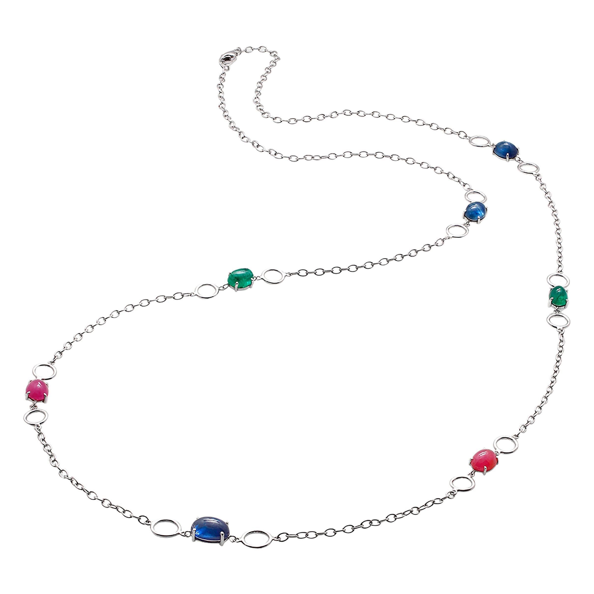 Seven Cabochon Sapphire Ruby Emerald Sautoir 40 Inch White Gold Necklace