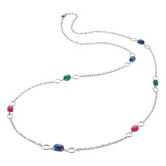 Seven Cabochon Sapphire Ruby Emerald Sautoir 40 Inch White Gold Necklace