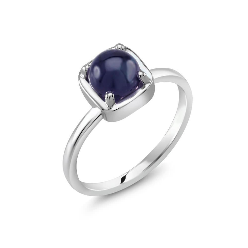 Sterling silver solitaire cabochon sapphire solitaire ring 
Round cabochon sapphire weighing 2.50 carats
Cabochon sapphire measuring 6 millimeter
Ring finger size 5
New Ring
The ring cannot be resized 
White gold plated 
Handmade in the USA

