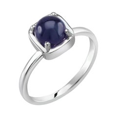 Cabochon Sapphire Solitaire Sterling Silver Ring White Gold Plate