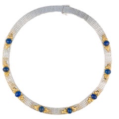 Antique Cabochon Sapphire White and Yellow Gold Necklace