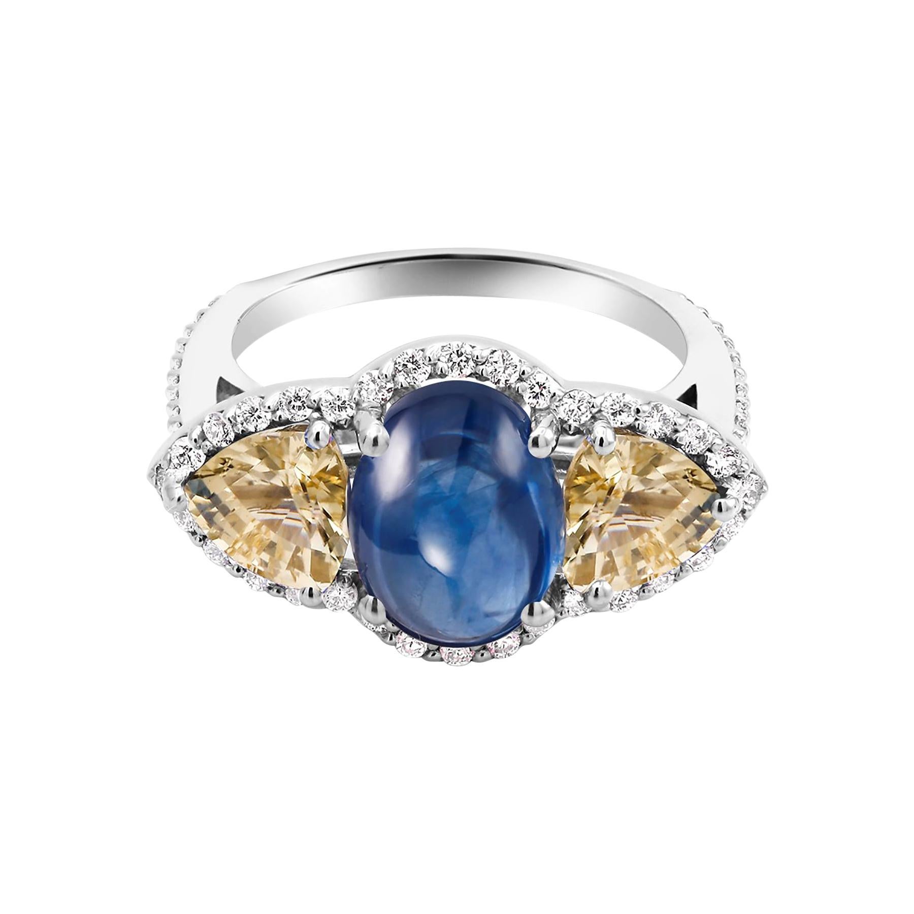 Cabochon Sapphire Yellow Sapphire Diamond Cocktail Gold Ring Weighing 6.74 Carat