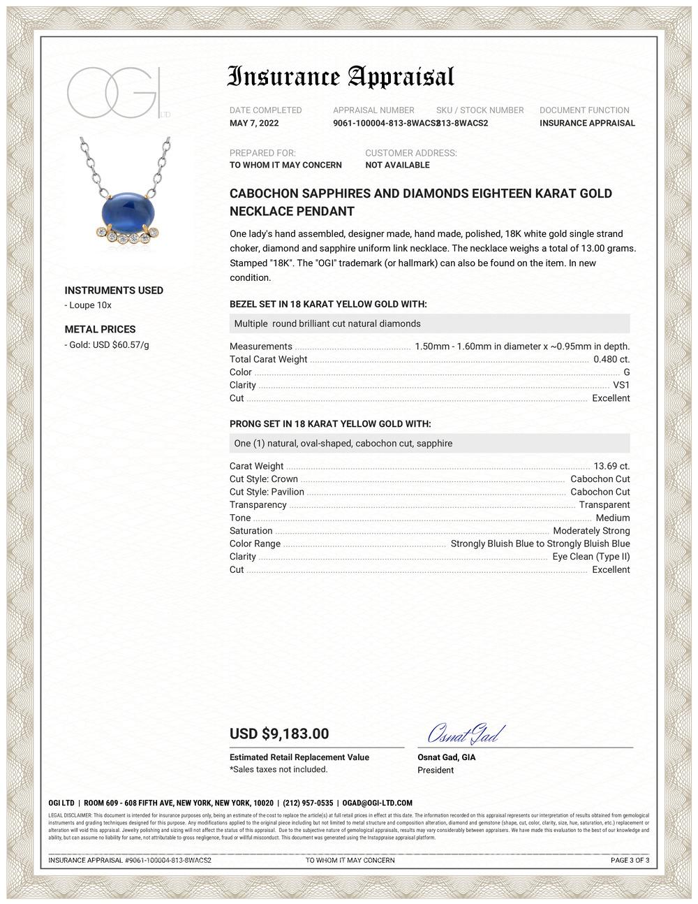 Eighteen karats white and yellow gold necklace pendant 
Pendant measuring 16 inch
Large center Ceylon cabochon ocean blue sapphire weighing 13.69 carat
Six diamond weighing 0.48 carat
Necklace measuring 17