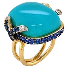 Anello Cabochon Bella Addormentata Turchese Zaffiro Blu Diamante Oro Giallo 18K