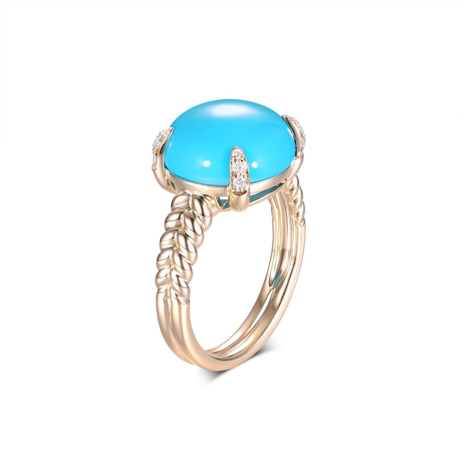 This ring is a remarkable piece that radiates serenity and luxury, set in 18-karat yellow gold that gleams with a high polish finish. It features a substantial oval cabochon turquoise, weighing 5.38 carats, held in place by a smooth bezel setting.