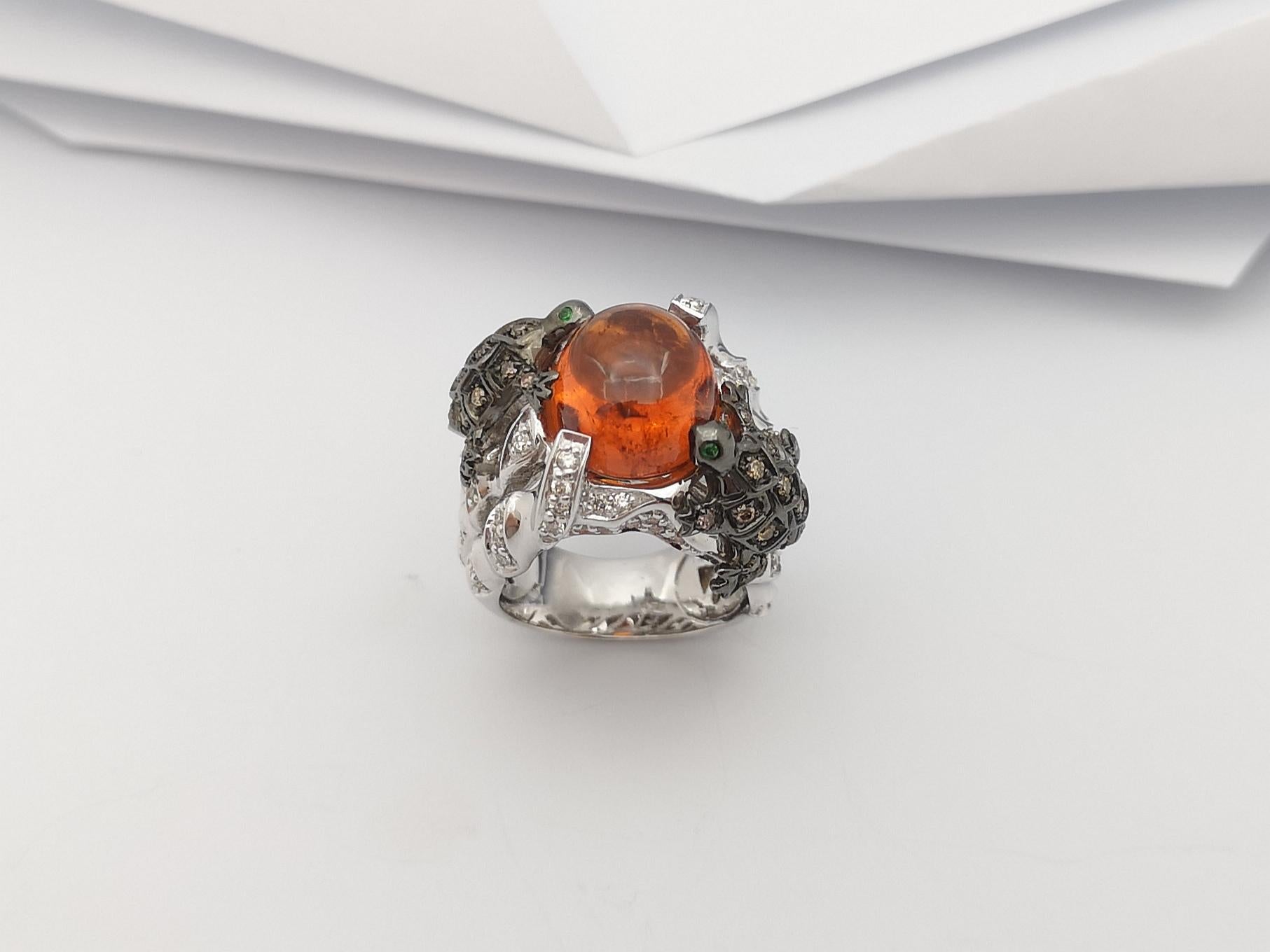 Cabochon Spessartite, Tsavorite and Brown Diamond Ring in 18 Karat White Gold For Sale 10