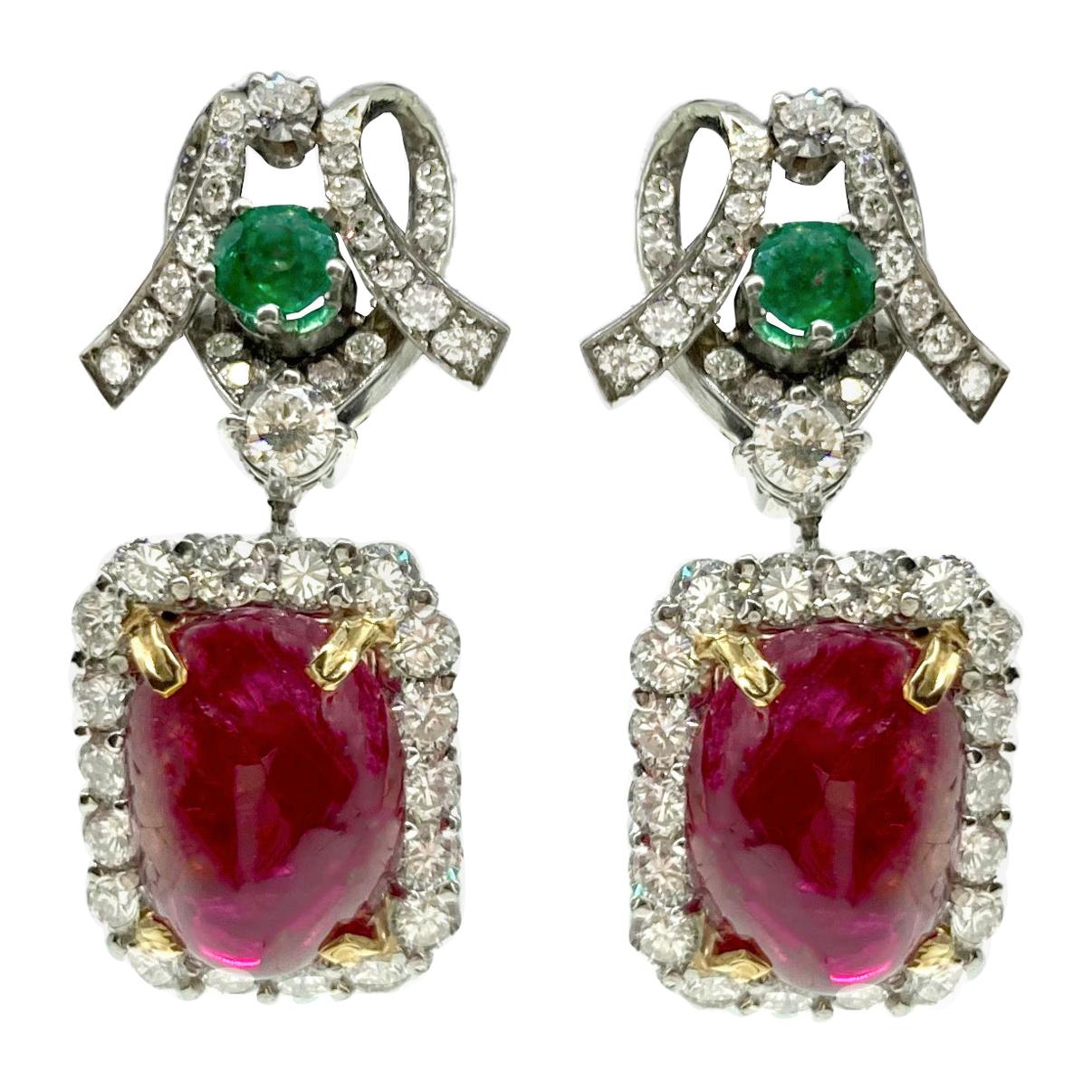 Cabochon Spinel, Emerald, and Diamond White Gold Drop Earrings