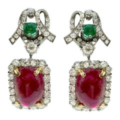 Vintage Cabochon Spinel, Emerald, and Diamond White Gold Drop Earrings