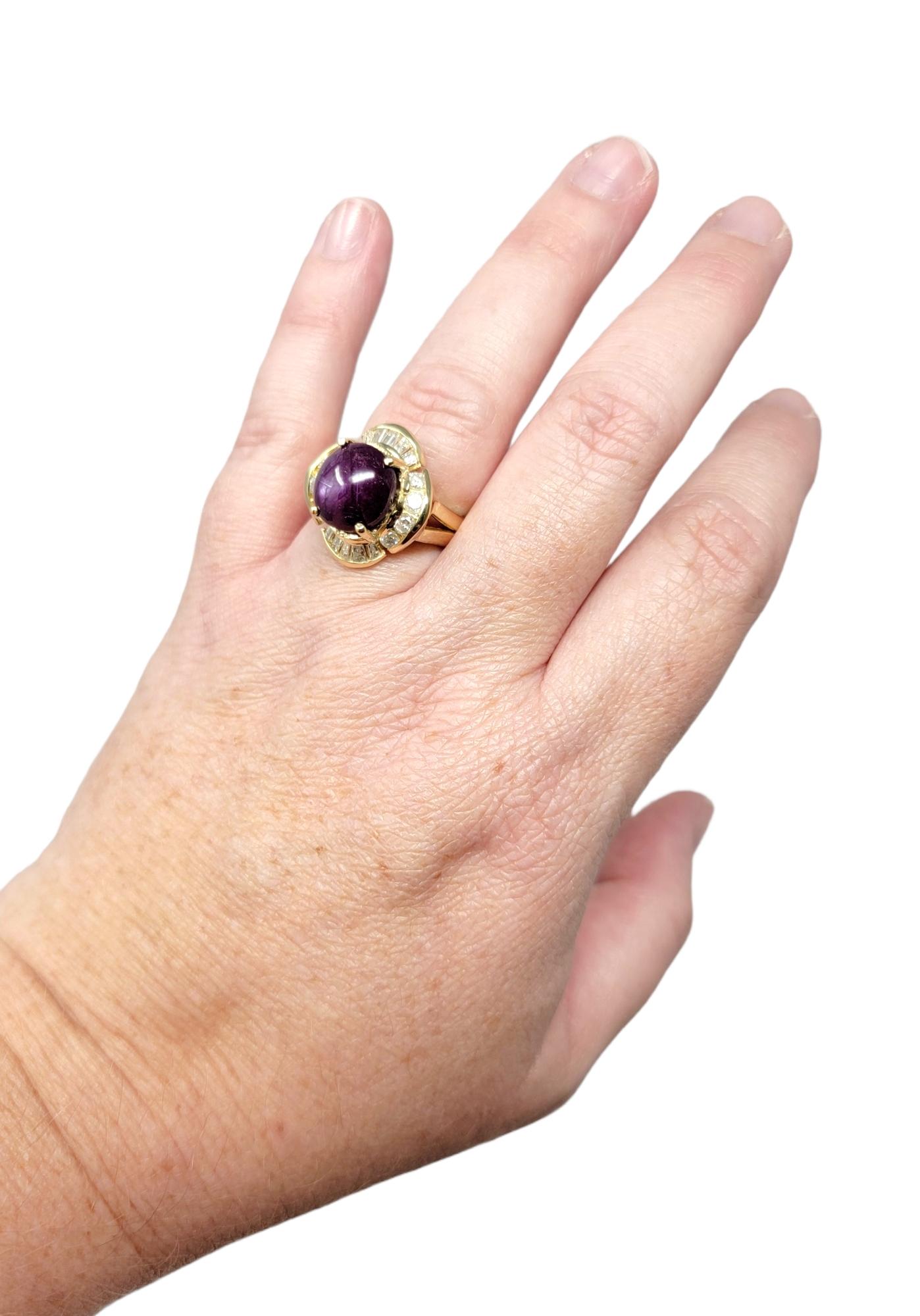 Cabochon Star Ruby and Round Diamond Halo Cocktail Ring in 14 Karat Yellow Gold For Sale 5