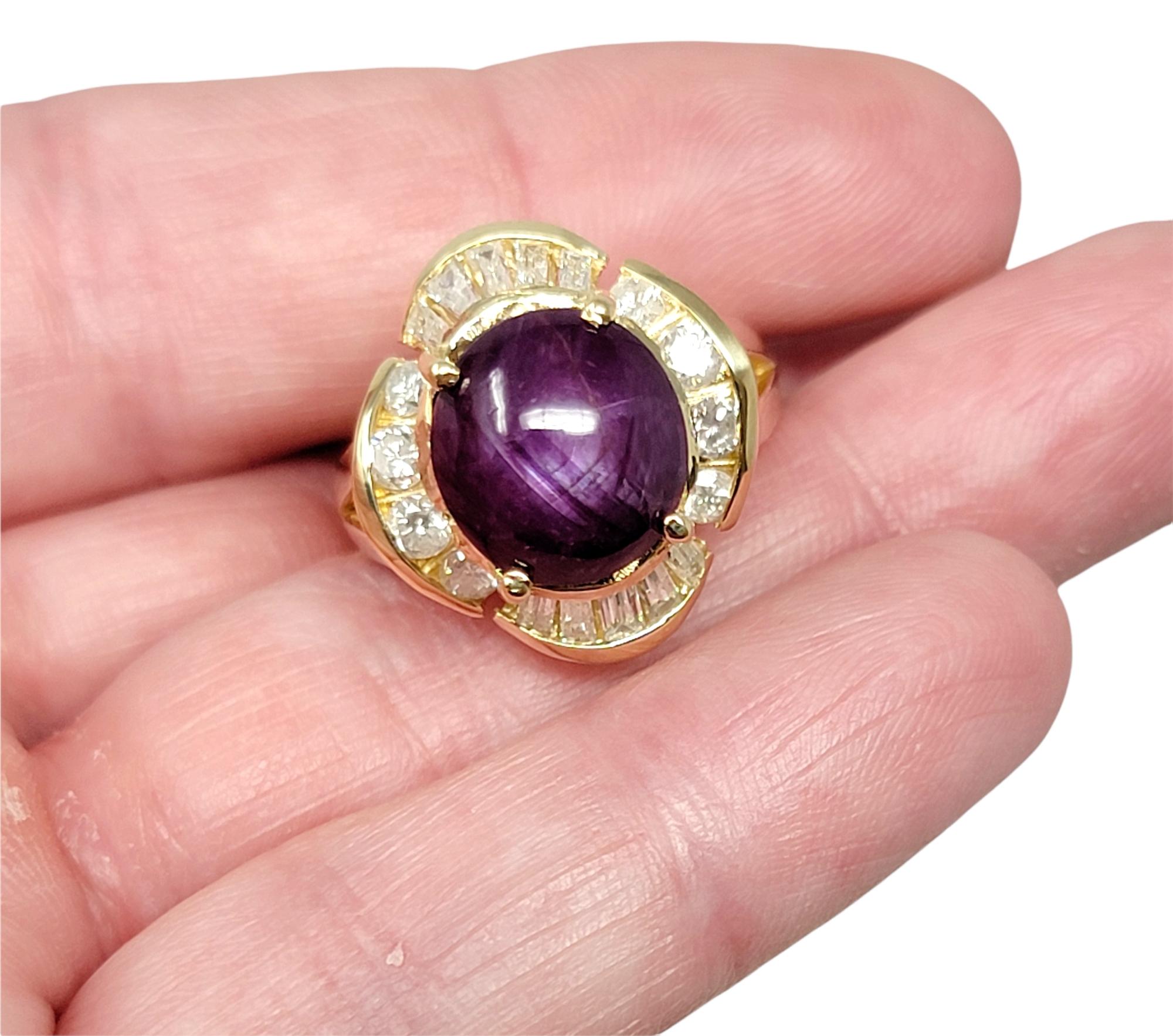 Cabochon Star Ruby and Round Diamond Halo Cocktail Ring in 14 Karat Yellow Gold For Sale 6