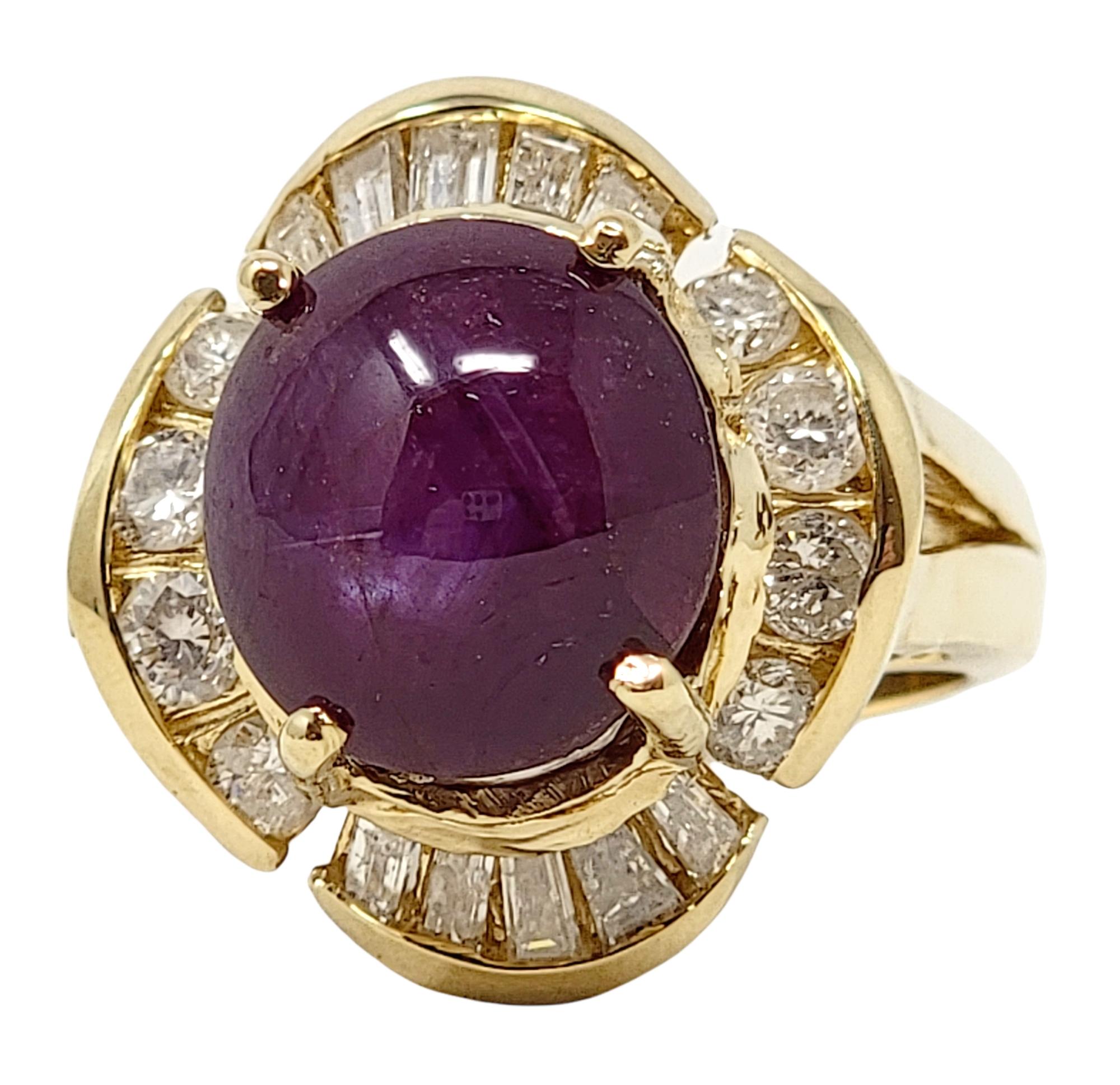 Contemporary Cabochon Star Ruby and Round Diamond Halo Cocktail Ring in 14 Karat Yellow Gold For Sale