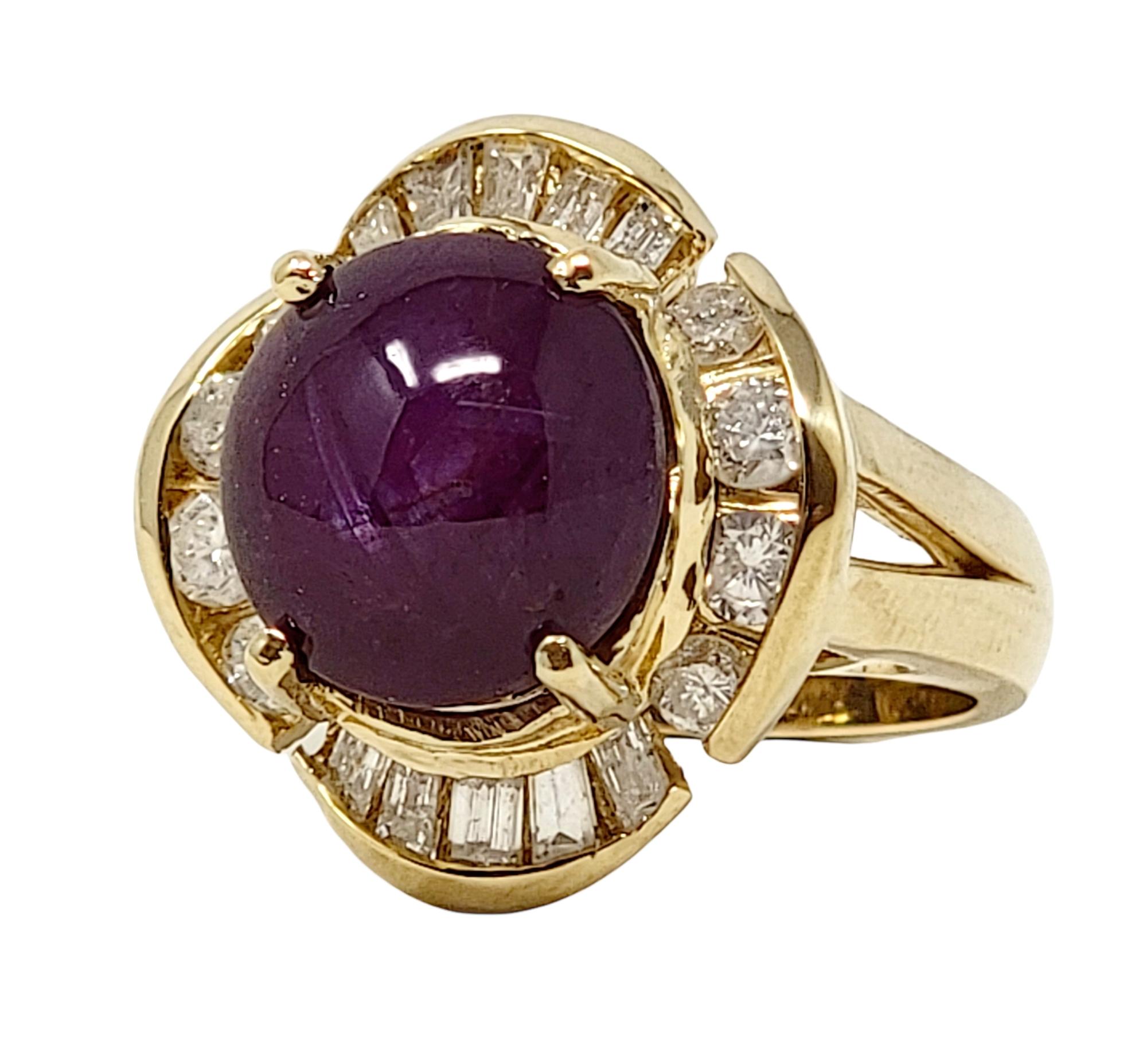 Oval Cut Cabochon Star Ruby and Round Diamond Halo Cocktail Ring in 14 Karat Yellow Gold For Sale