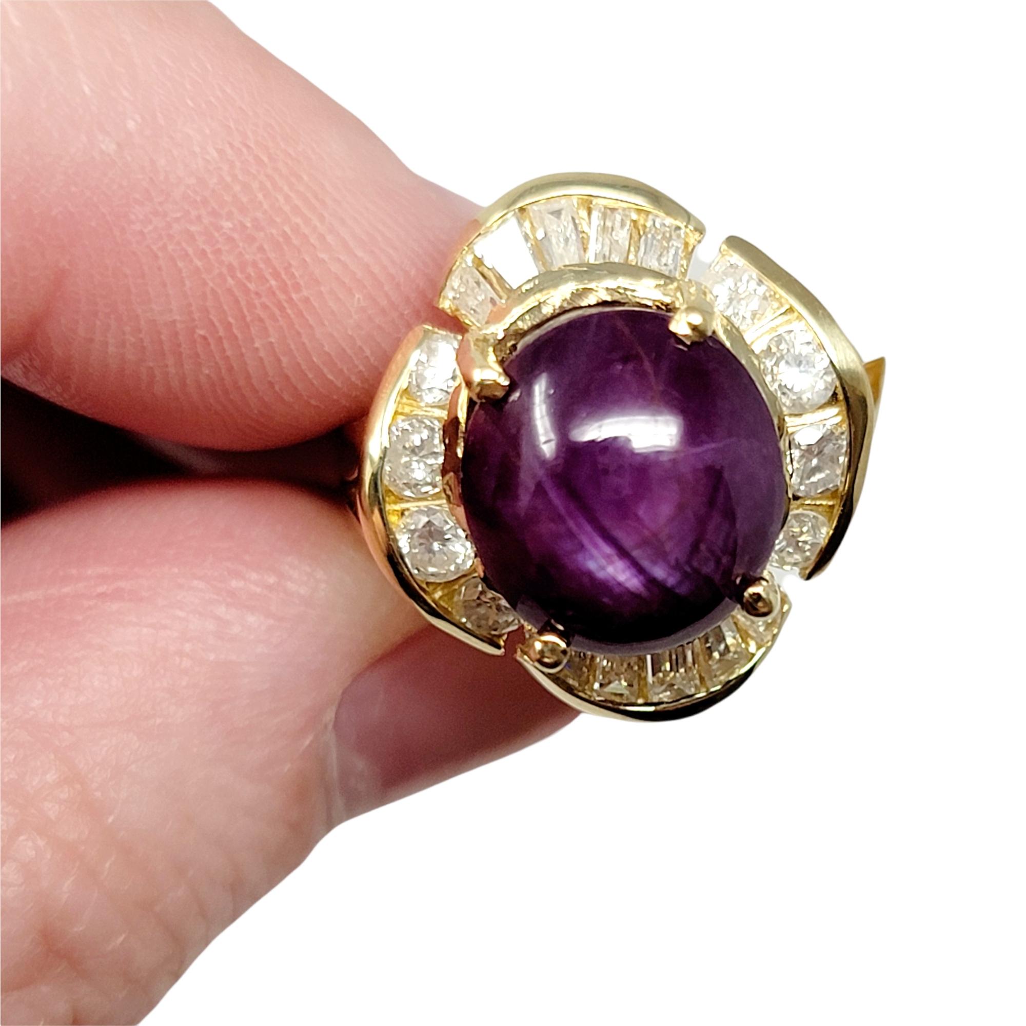 Women's Cabochon Star Ruby and Round Diamond Halo Cocktail Ring in 14 Karat Yellow Gold For Sale