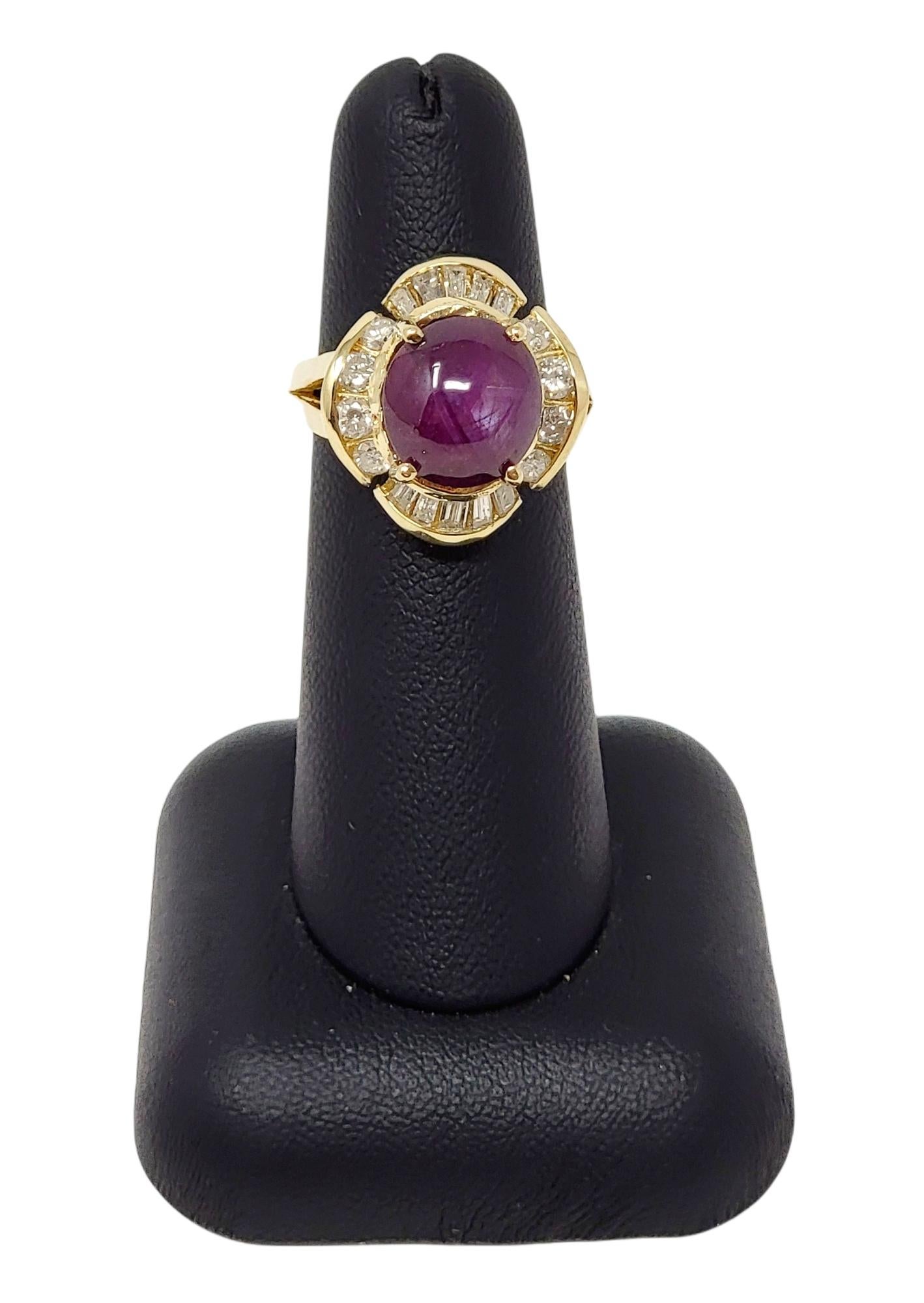 Cabochon Star Ruby and Round Diamond Halo Cocktail Ring in 14 Karat Yellow Gold For Sale 1