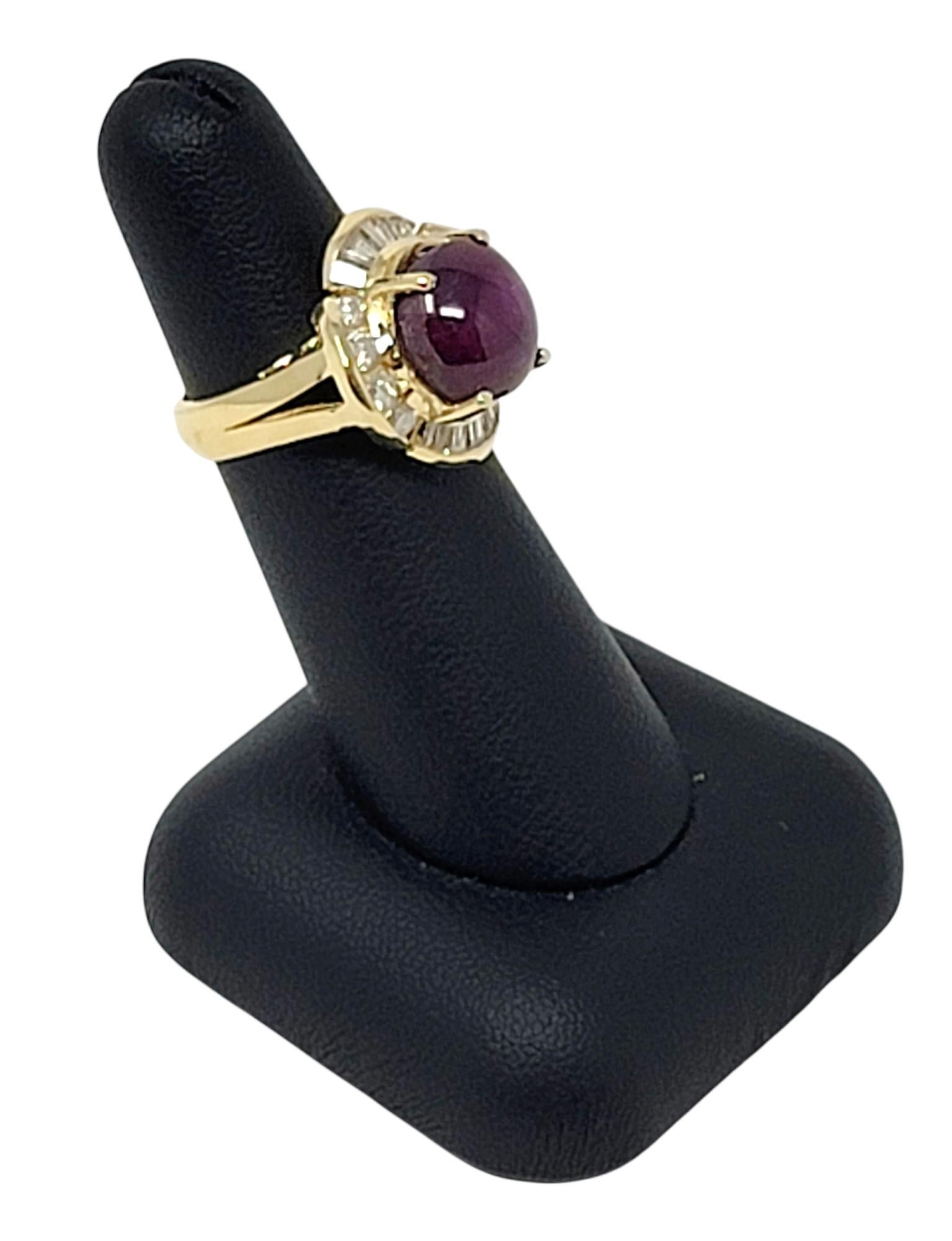 Cabochon Star Ruby and Round Diamond Halo Cocktail Ring in 14 Karat Yellow Gold For Sale 2