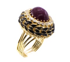 Anello Cabochon Stella Rubino Diamante Smalto 1980 La Triomphe