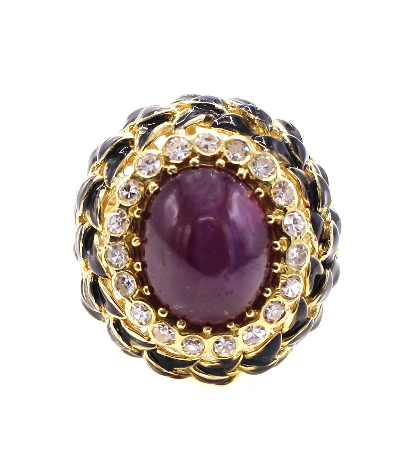 Women's or Men's Cabochon Star Ruby Diamond Enamel 1980s La Triomphe Ring For Sale
