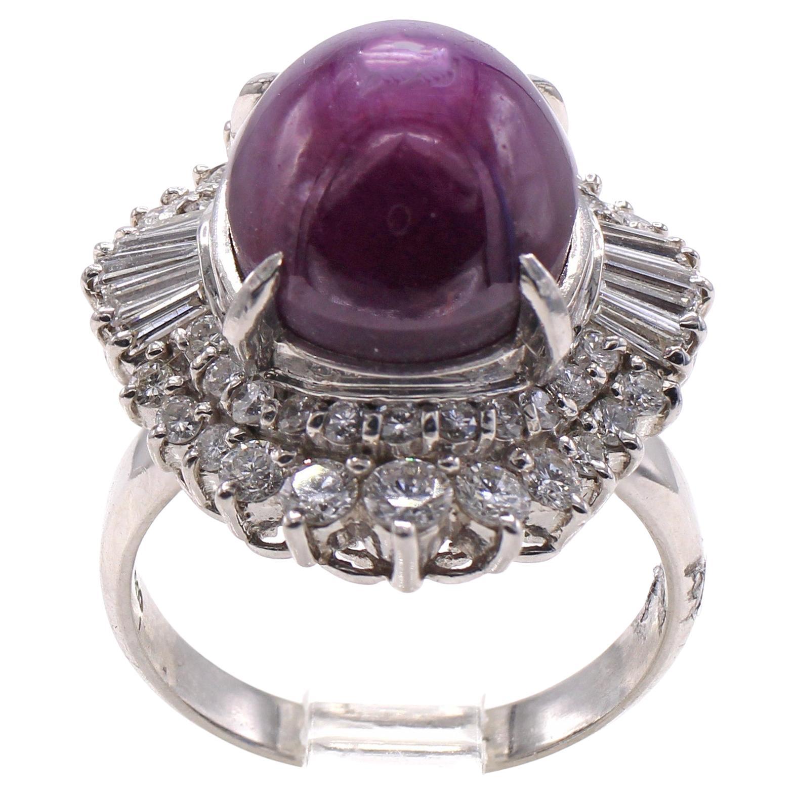 Cabochon Star Ruby Diamond Platinum 1960s Ring For Sale