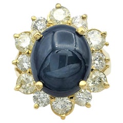 Cabochon Star Sapphire and Diamond Halo Cocktail Ring in 18 Karat Yellow Gold