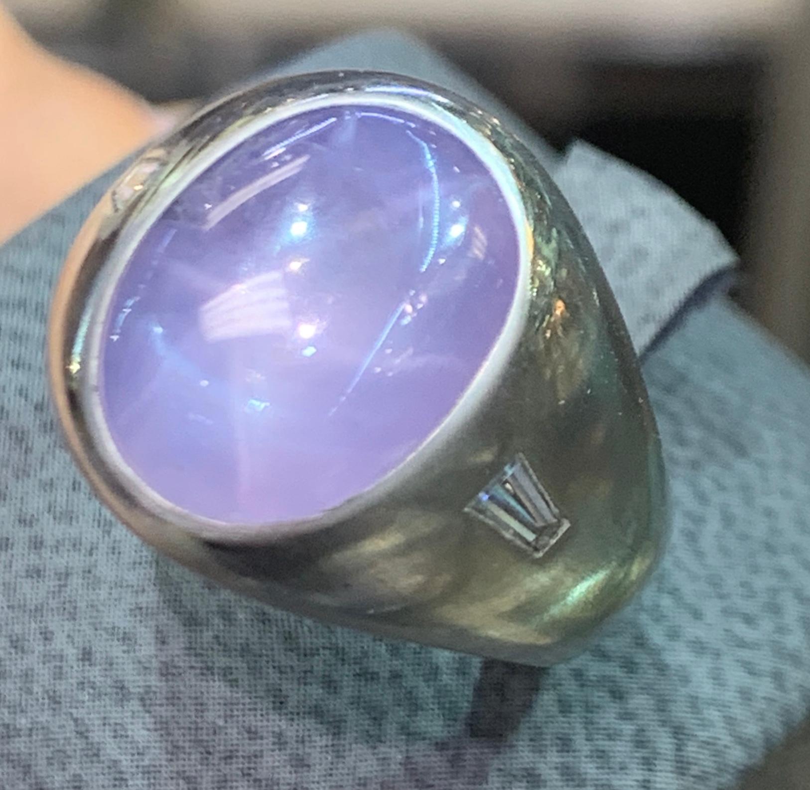 Cabochon Star Sapphire & Diamond Men's Ring 
Approximate Sapphire Weight: 9.71 Cts
Diamond Weight: .16 Cts 
Ring Size: 7
Re-sizable free of charge 