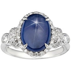 Cabochon Star Sapphire and Diamond Ring, 6.52 Carat