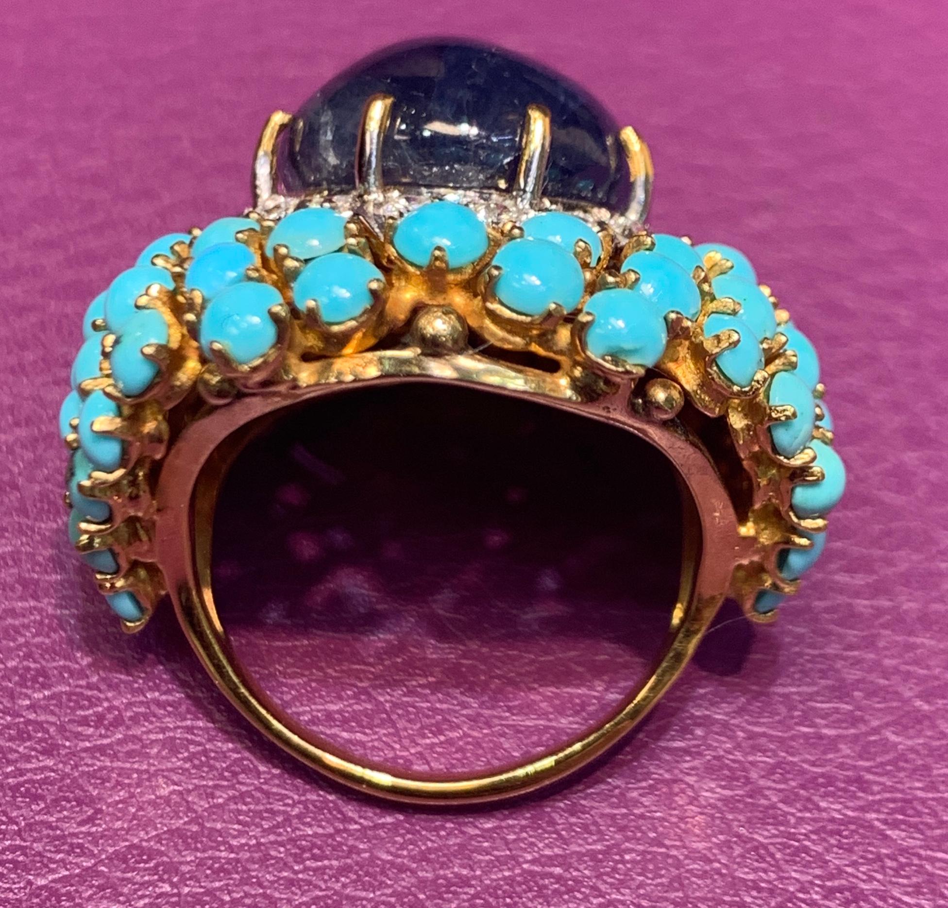 Cabochon Star Sapphire and Turquoise Cocktail Ring In Excellent Condition For Sale In New York, NY