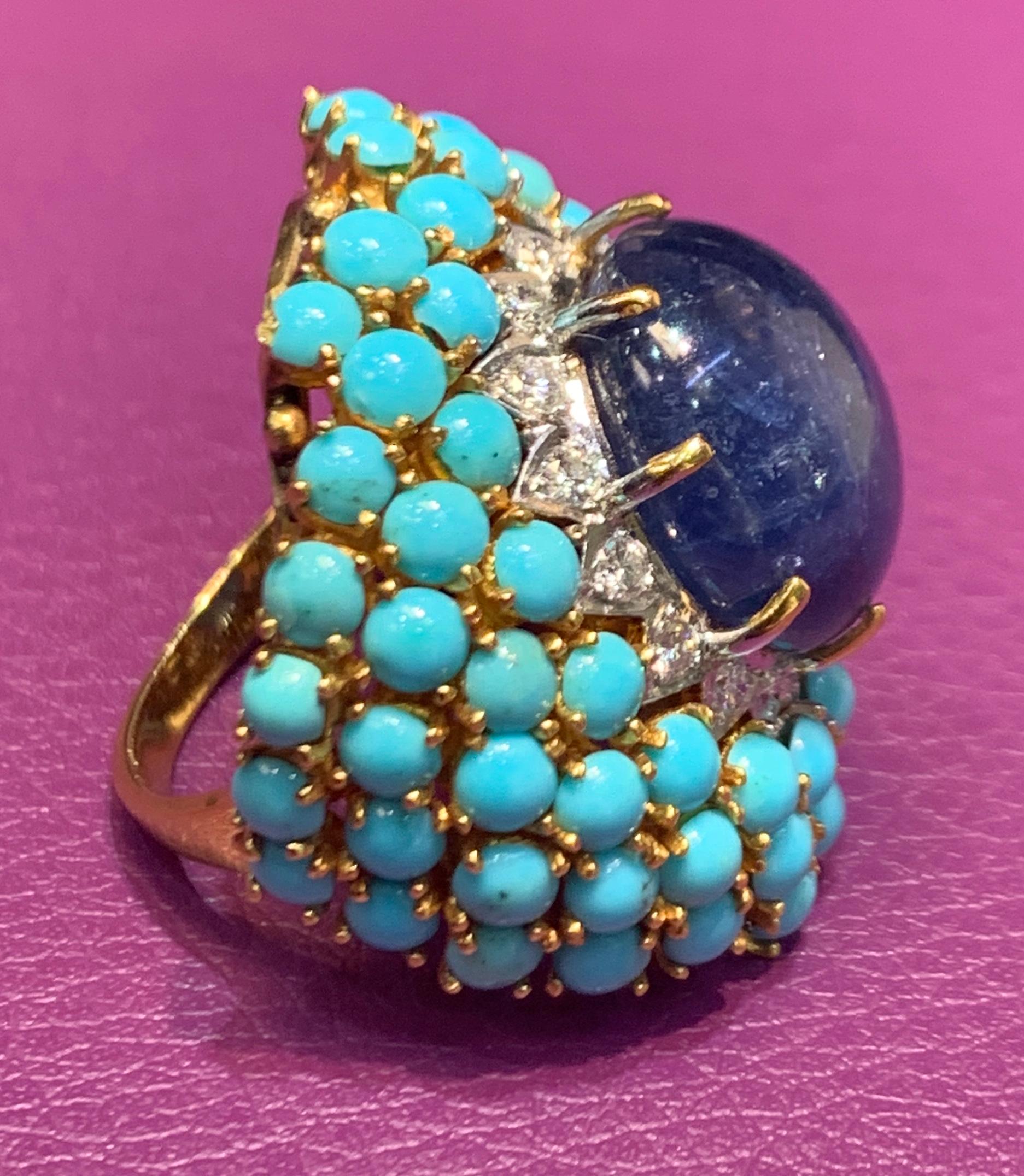 Cocktail-Ring mit Sternsaphir und Türkis im Cabochon-Schliff im Angebot 2