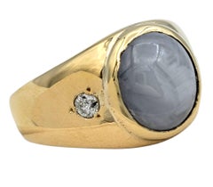 Cabochon Star Sapphire Wide Band Ring with Diamonds in 12 Karat Yellow Gold