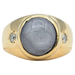 Cabochon Star Sapphire Wide Band Ring with Diamonds in 12 Karat Yellow Gold