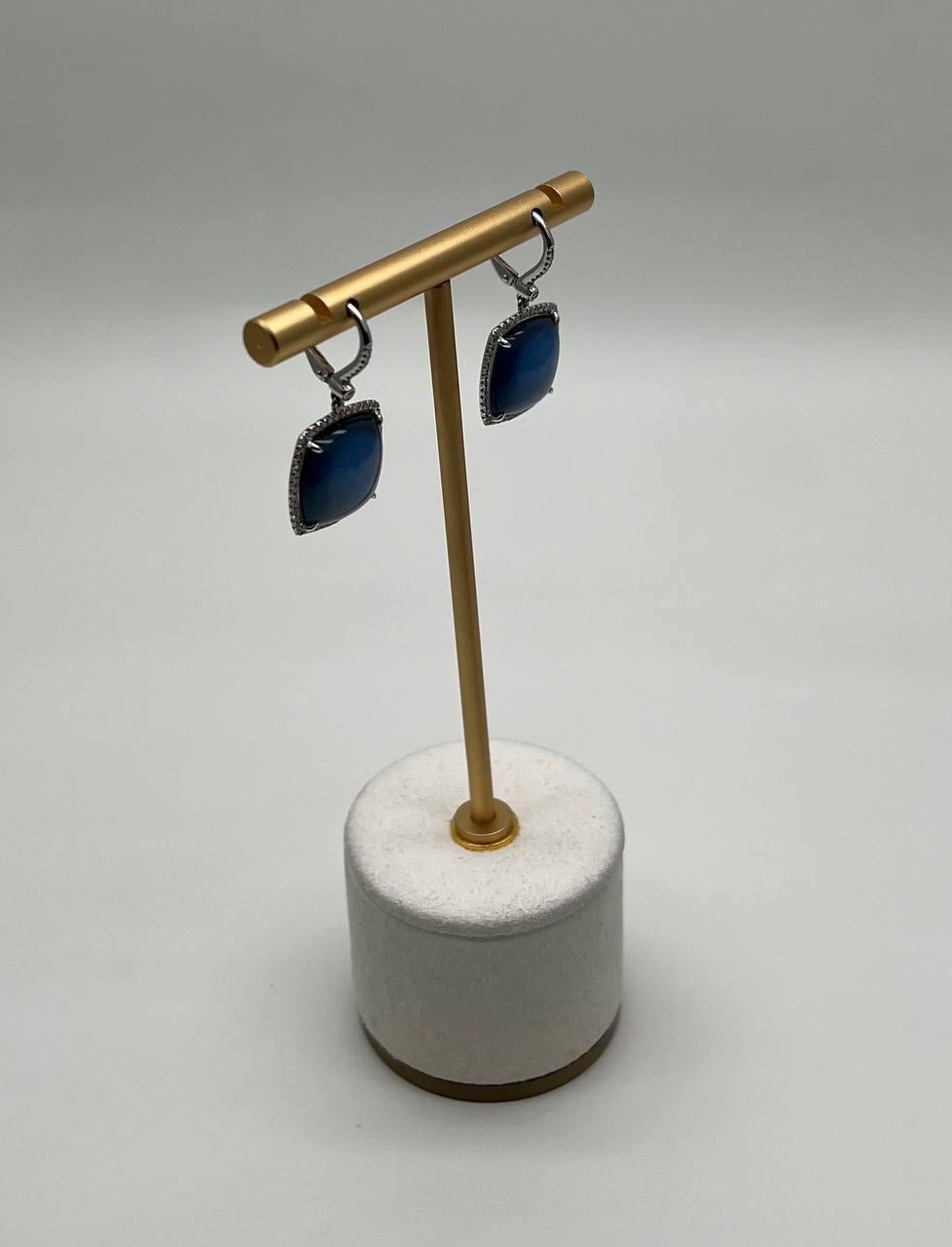 Cabochon Sugarloaf Blue Tourmaline Indicolite Diamond Halo White Gold Earrings For Sale 6