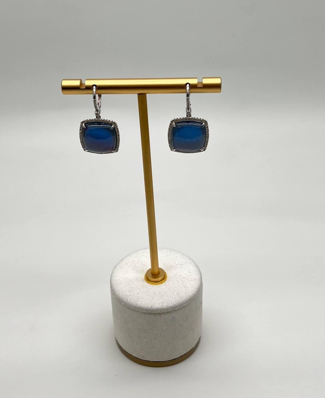 Cabochon Sugarloaf Blue Tourmaline Indicolite Diamond Halo White Gold Earrings For Sale 7