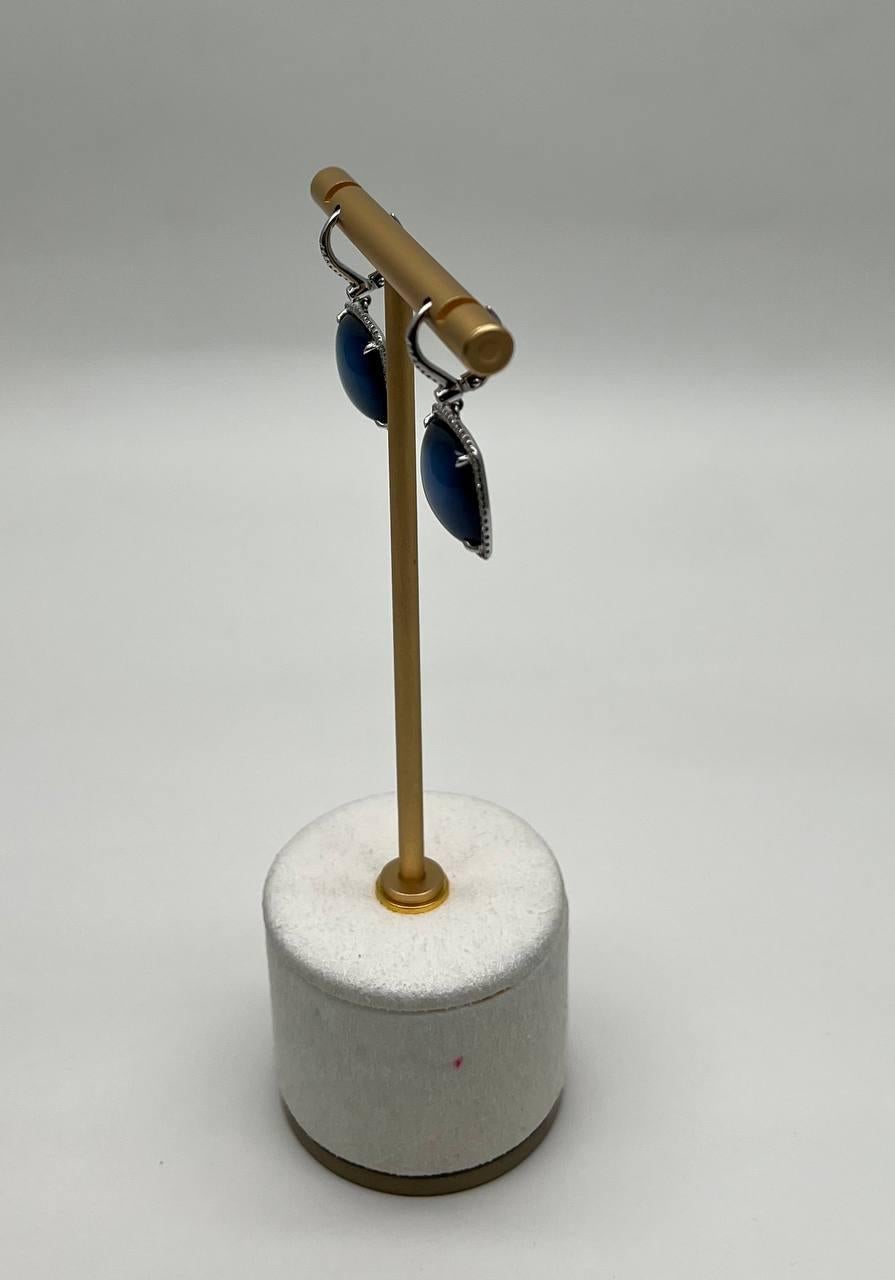 Cabochon Sugarloaf Blue Tourmaline Indicolite Diamond Halo White Gold Earrings For Sale 8
