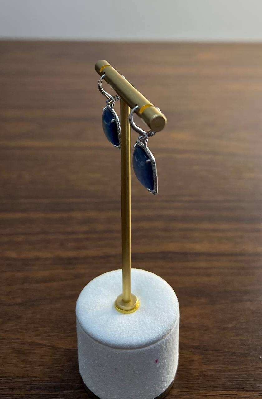 Cabochon Sugarloaf Blue Tourmaline Indicolite Diamond Halo White Gold Earrings In New Condition For Sale In Oakton, VA