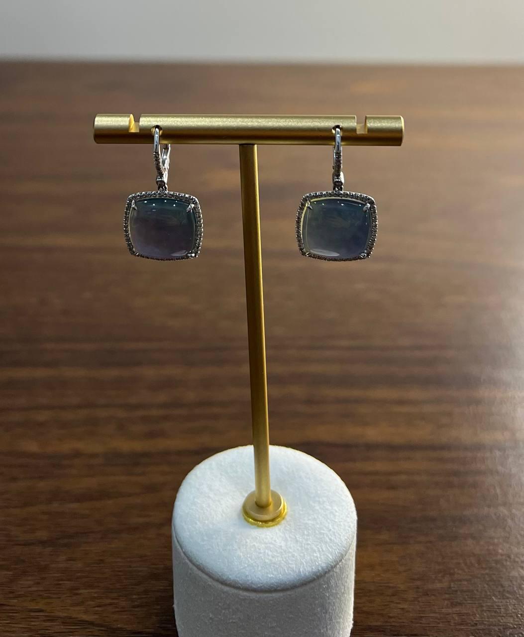 Women's Cabochon Sugarloaf Blue Tourmaline Indicolite Diamond Halo White Gold Earrings For Sale