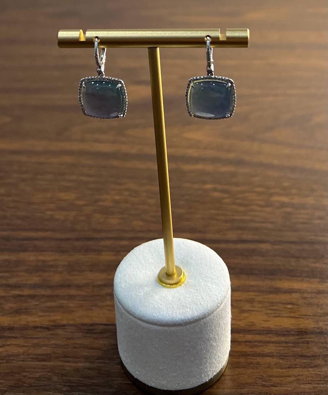Cabochon Sugarloaf Blue Tourmaline Indicolite Diamond Halo White Gold Earrings For Sale 1