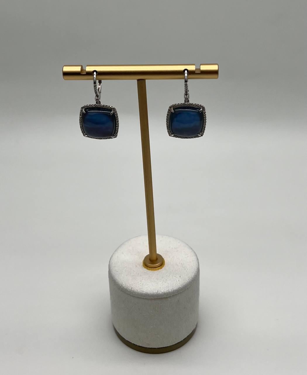 Cabochon Sugarloaf Blue Tourmaline Indicolite Diamond Halo White Gold Earrings For Sale 4