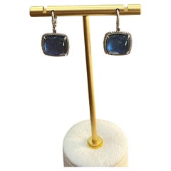 Cabochon Sugarloaf Blue Tourmaline Indicolite Diamond Halo White Gold Earrings