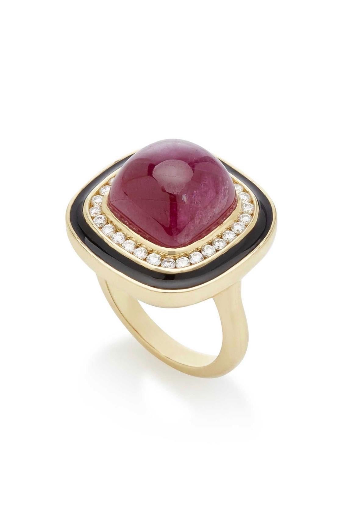 A very chic 15.26 carat sugarloaf cabochon Ruby, Diamond and black enamel ring that is part of Andrew Glassford's Museum Series Collection. It contains .48 carats of G/H VSI Diamonds. The ruby is a rich reddish color with a hint of pink that is